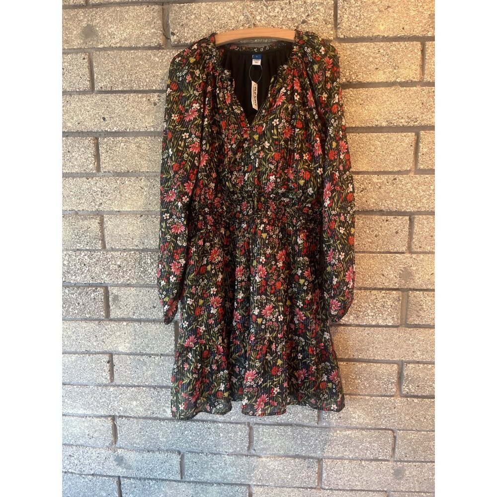 Womens Floral Long-Sleeve Pleated Mini Dress With Elastic Waist & Ruffled Hem Bl